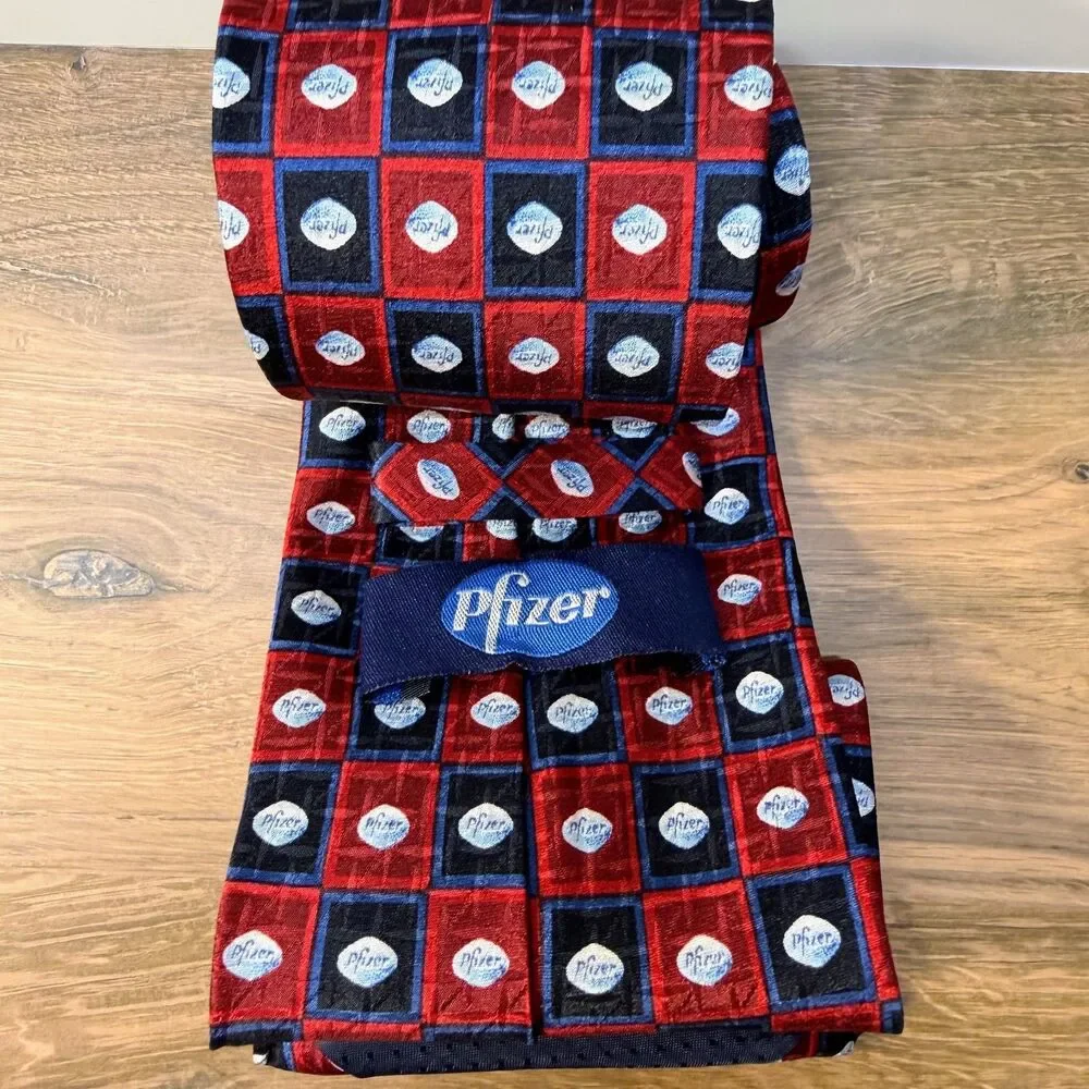 PFIZER Necktie BLUE PILL Hand Sewn 100% Silk Red Blue RARE Tie 58 Inch